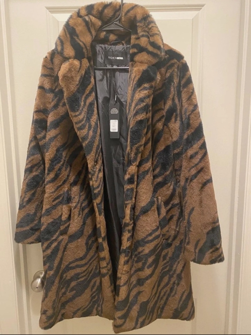 Fashion Nova Brown and Black Tiger-Print Faux Fur Coat